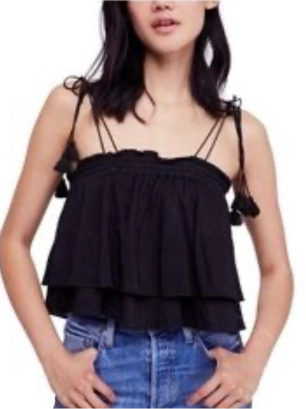 Free People Black No Lies Bodysuit Smocked Tassel Ties Whimsigoth sz small